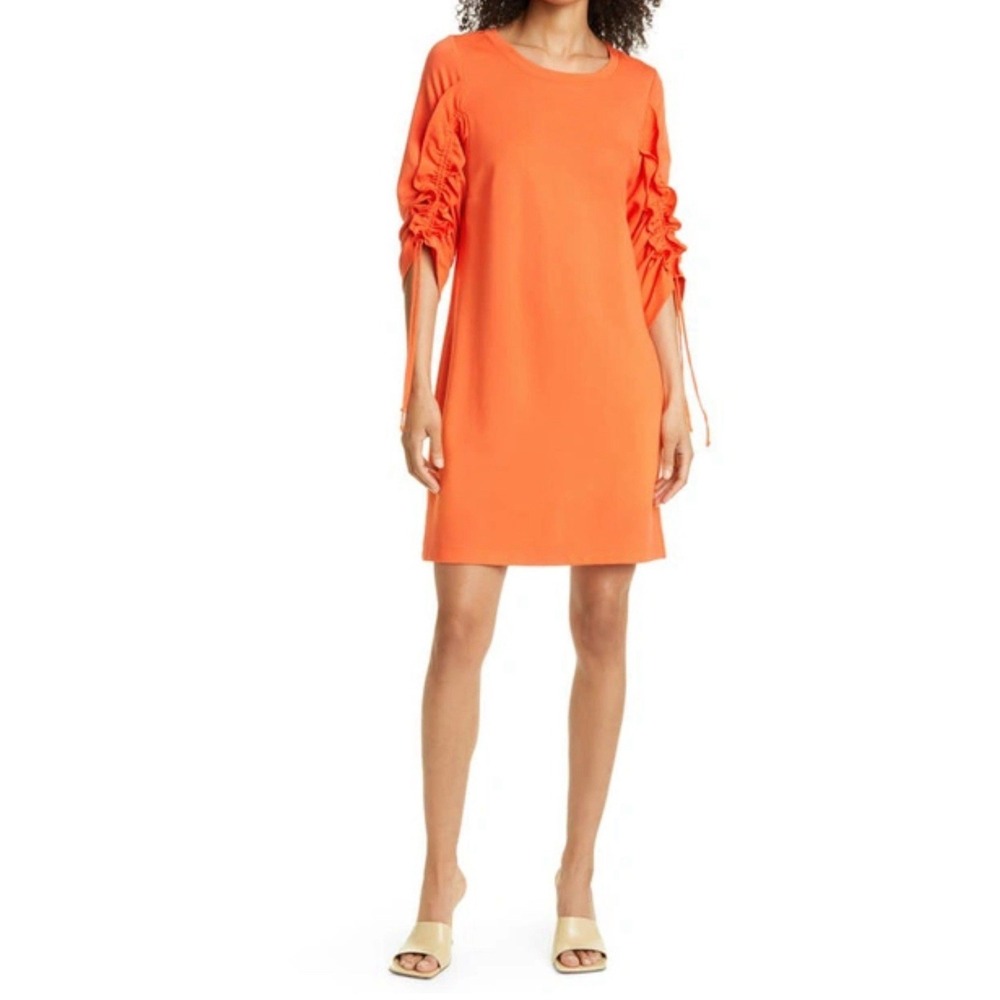 Kobi Halperin Orange Crew Neck Ruched 3/4 Sleeve Shift Dress Size Small $248
